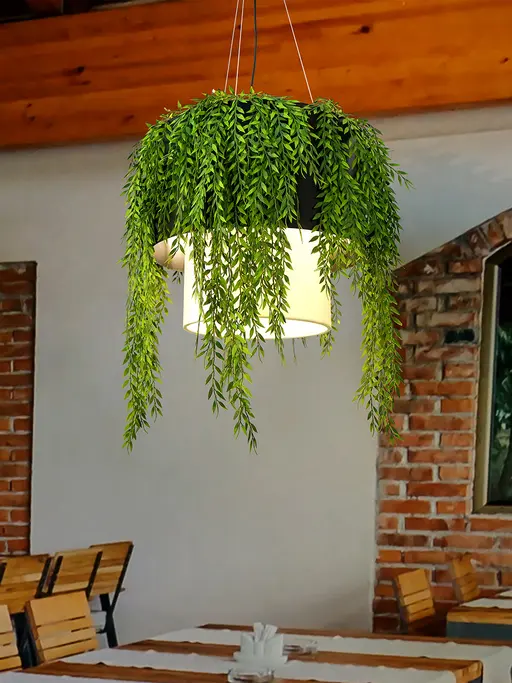 Contemporary 20 Inch Wide Drum-Shaped Faux Topiary 5-Light Steel Ceiling Hanging With White Drum Fabric Shade