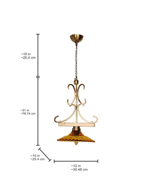 Transitional Amber Fluted Glass Pendant Light | Antique Brass Ornate Scroll Hanger