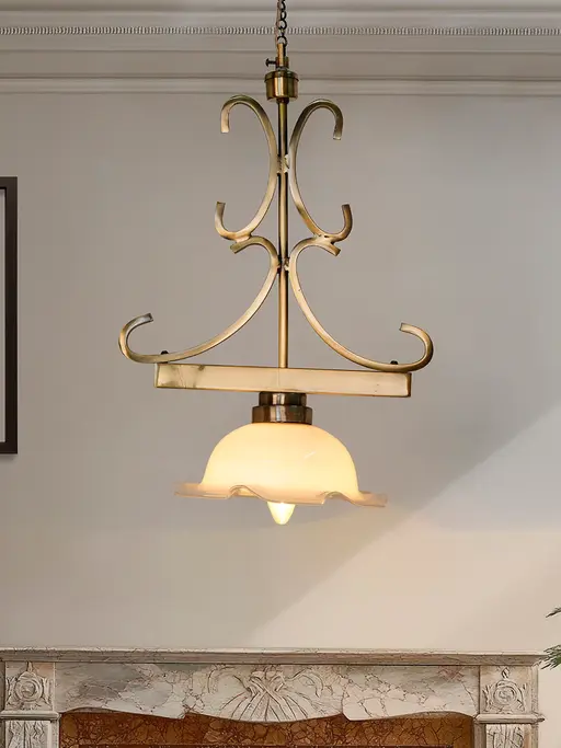 12-Inch Transitional White Ruffled Glass Pendant Light | Antique Brass Ornate Scroll Hanger