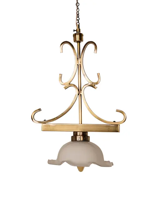 12-Inch Transitional White Ruffled Glass Pendant Light | Antique Brass Ornate Scroll Hanger