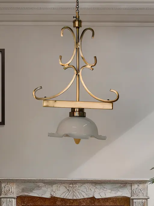 12-Inch Transitional White Ruffled Glass Pendant Light | Antique Brass Ornate Scroll Hanger