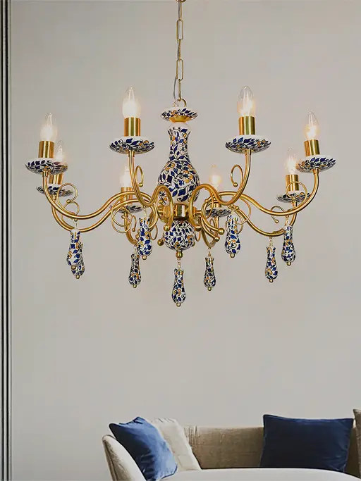 Blue Pottery Elegance: Handcrafted Floral 8 Light Candelabra Chandelier