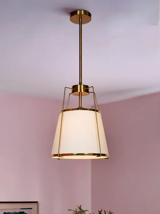 Modern Brass Finished Pendant Light with Ivory Conical Drum Fabric Shade