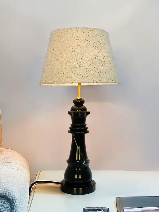 Black Marquina Marble Chess Queen Table Lamp with Sequined Jute Shade