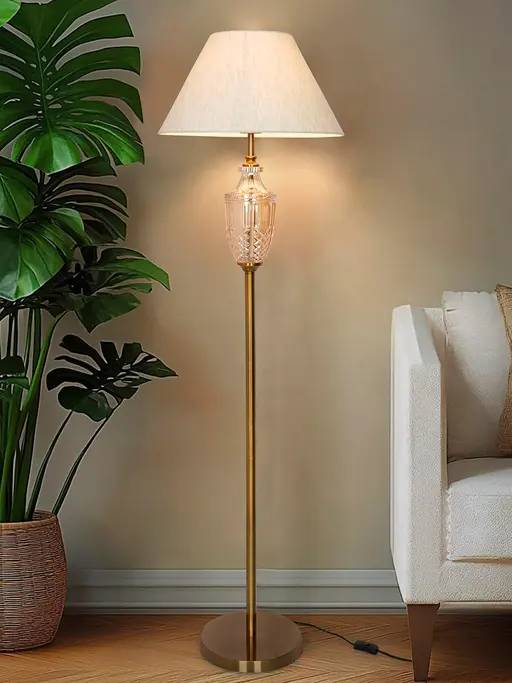 Gold Trophy Glass Floor Lamp with 18-Inch Tapered Shade