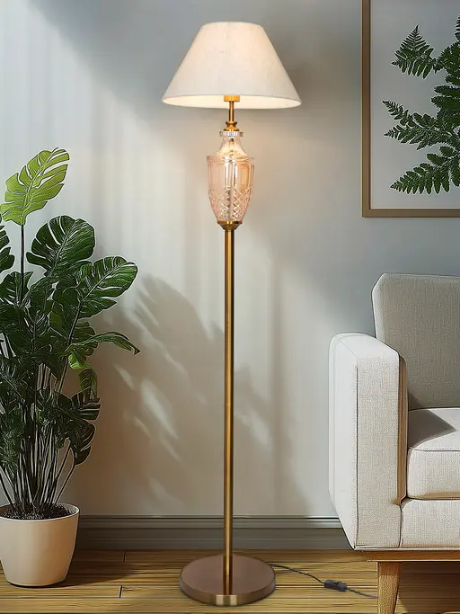 Gold Trophy Glass Floor Lamp with Tapered Shade