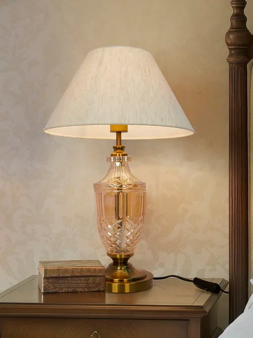 Antique Brass Cutglass Trophy Table Lamp with Tapered Shade