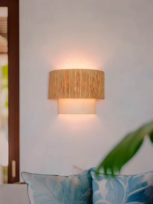 12-Inch Half Concentric Drum Wall Sconce with Raffia and White Fabric Shades