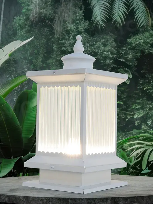 15-Inch Mini Transitional Gate Light | White Cuboid Lantern with Fluted Glass