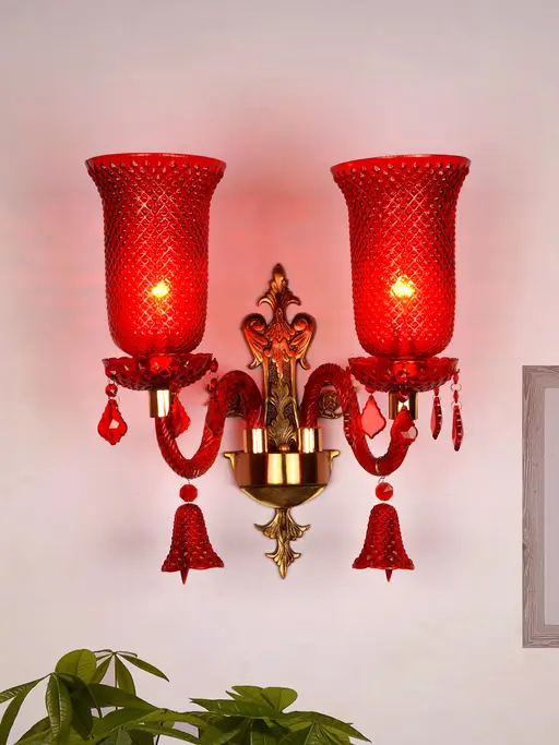 Classic 19 Inch Double-Light Elegant Wall Lamp With Red Textured Glass Shades