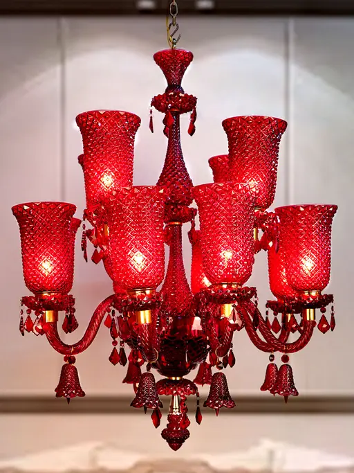 Classic 41x32 Inch Double-Tiered Elegant 12-Lights Ceiling Chandelier Hanging With Red Textured Glass Shades