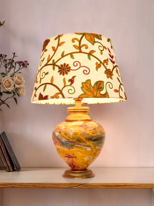 Kashmiri Embroidered Shade Table Lamp - Metal Red Stone Pot Design