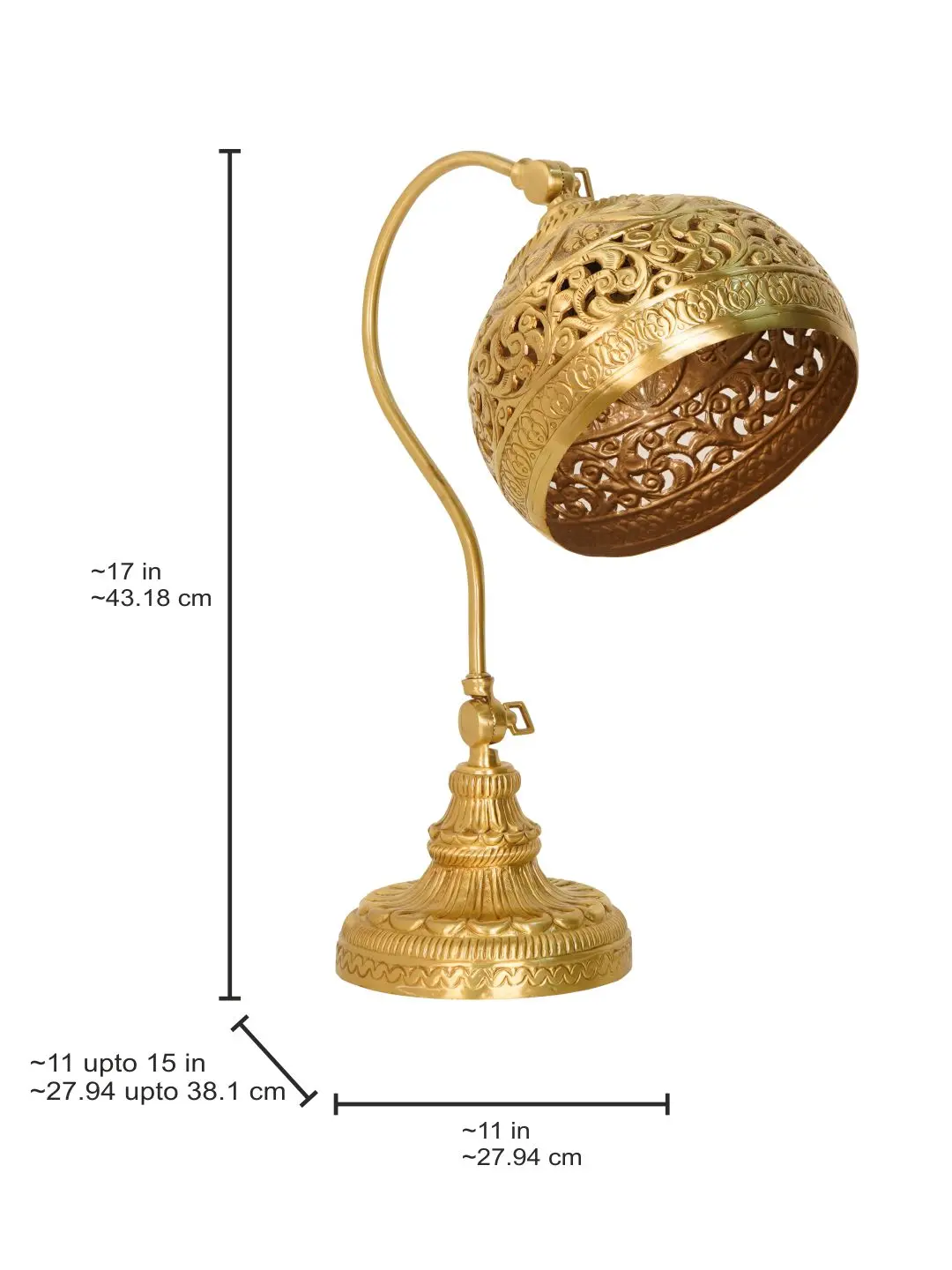 Hand-Tooled Brass 2-Point Adjustable Desk Task Lamp with Carved Lattice Shade in Antique Brass Finish — dimensions
