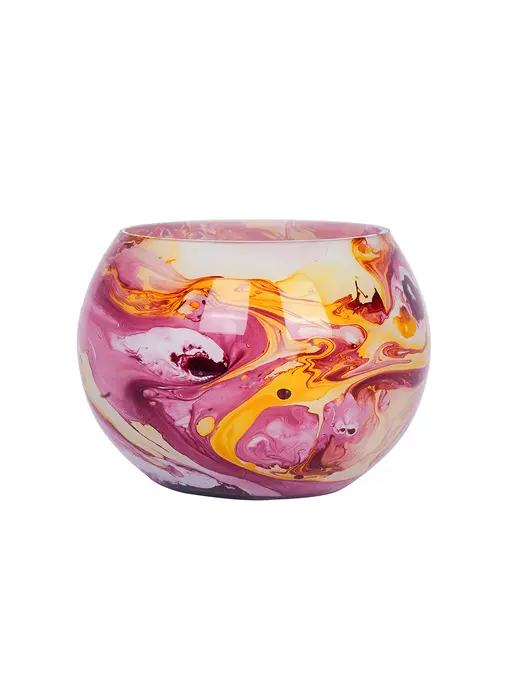 Swirling Sunset: Round Glass Tea Light Holder with Red & Yellow Marble Effect