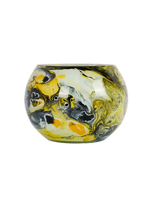 Midnight & Mustard: Round Glass Tea Light Holder with Bold Yellow & Black Marble