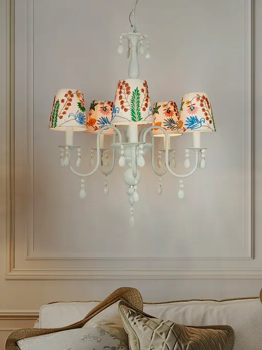 Sparkling Blooms: White 5 Light Chandelier with Crystals & Embroidered Florals - Transitional Luxury in a Compact Design