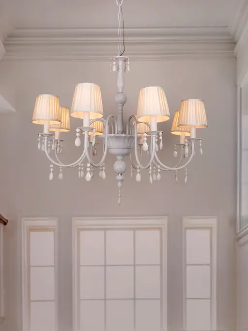 Crystal Elegance: White Chandelier with Pleated Shades - Neoclassical Meets Modern