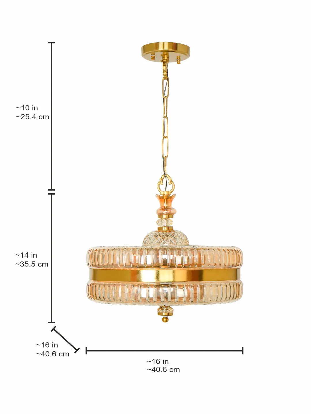 16-Inch Gold Round Hand-Cut Glass Hanging Light | Transitional 4-Light Brass Pendant with Golden Luster Finish — dimensions