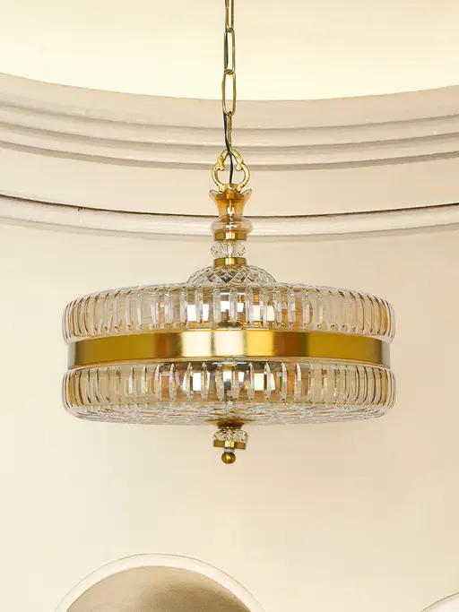 16-Inch Gold Round Hand-Cut Glass Hanging Light | Transitional 4-Light Brass Pendant with Golden Luster Finish