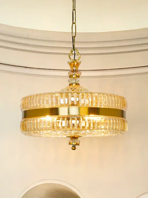 16-Inch Gold Round Hand-Cut Glass Hanging Light | Transitional 4-Light Brass Pendant with Golden Luster Finish