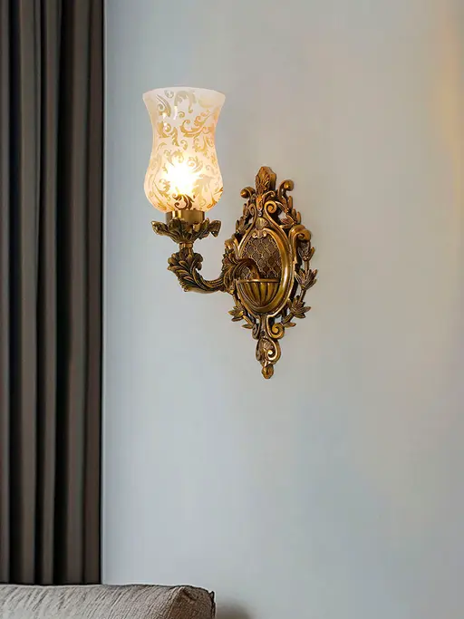Antique Cast Aluminium Traditional Uplight Wall Sconce with Golden Etched Glass