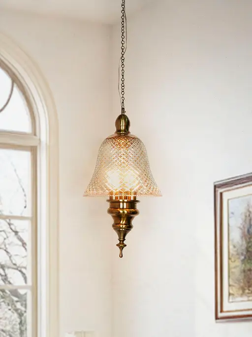 Antique Brass 3 Light Bell Pendant Light with Golden Cut Glass