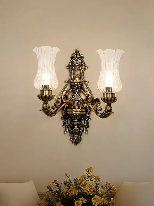 Antique Brass Cast Aluminium Ornate Wall Sconce with Clear Fluted Frilled Rim Glass