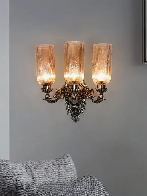 Traditional Antique 3-Light Wall Sconce with Golden Luster Corrugated Glass Shades