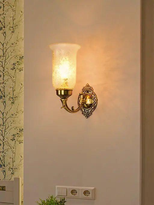 Classic Golden Brass Single Light Wall Sconce With Floral Etched Glass Shades