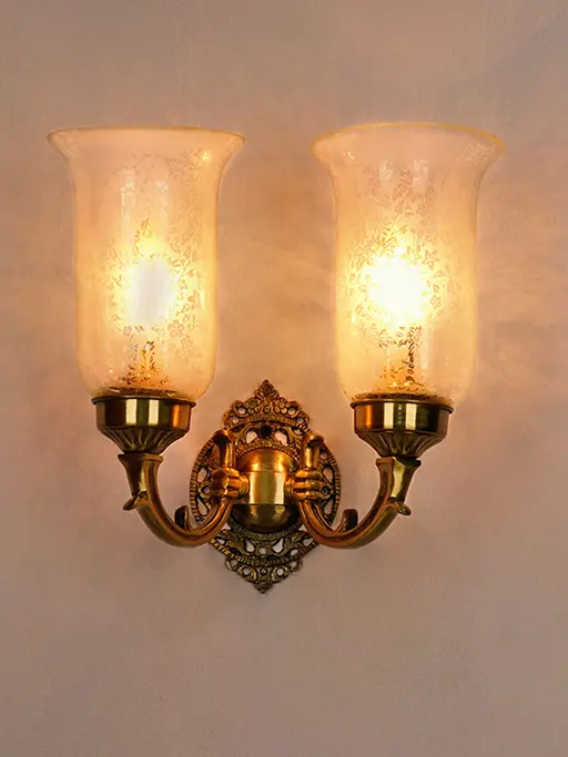 Classic Golden Brass Double Light Wall Sconce With Floral Etched Glass Shades