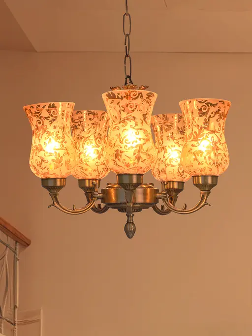 Brass Mini Chandelier with Luster Etched Glass