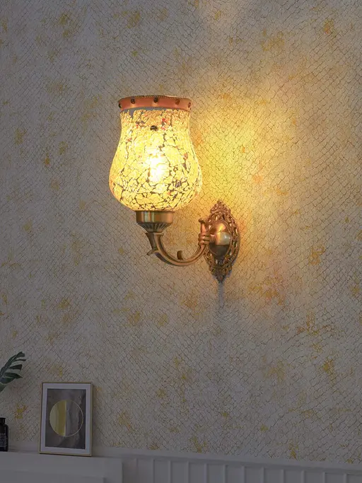 Classic Brass 1 Light Wall Sconce With Amber Yellow Crackle Glass Shade