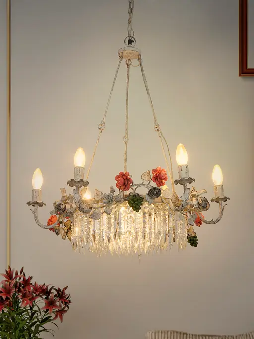 27-Inch Rustic Ring Chandelier | Distressed White Bird & Flower Motif with Oil Drop Crystals