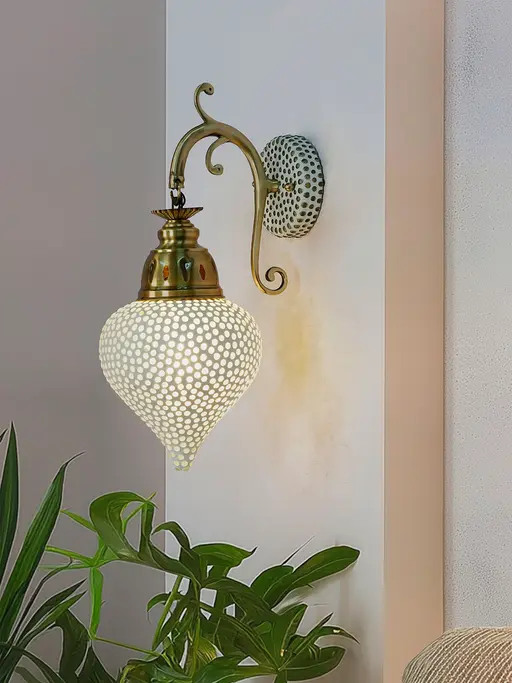 Downward-Facing Brass Wall Sconce with Mosaic Glass | Antique Finish