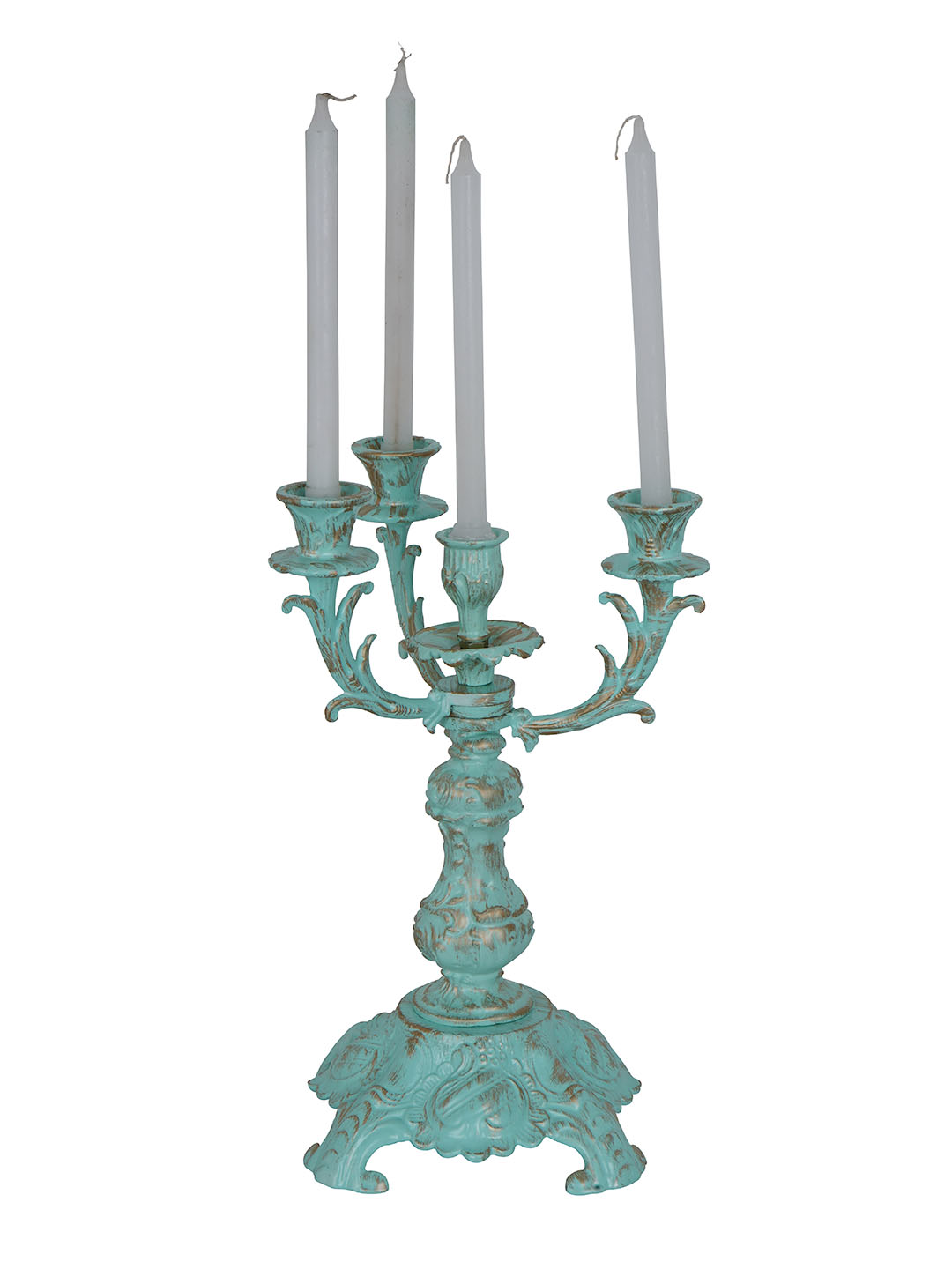 Distressed Green Cast Aluminium Small 13 Inch 4 Candle Holder Stand