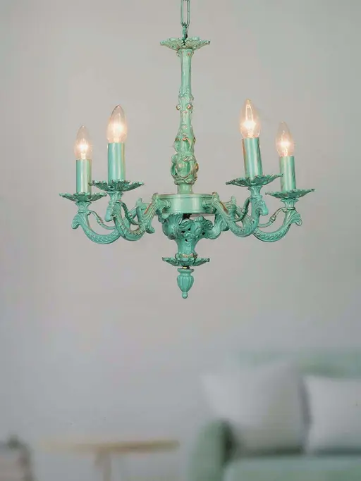 Distressed Green Antique Cast Aluminium 5 Lights Candelabra Chandelier