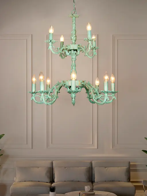 Distressed Sea Green Cast Aluminium 12 Lights 2 Tier Candelabra Chandelier- French Elegance with a Transitional Twist