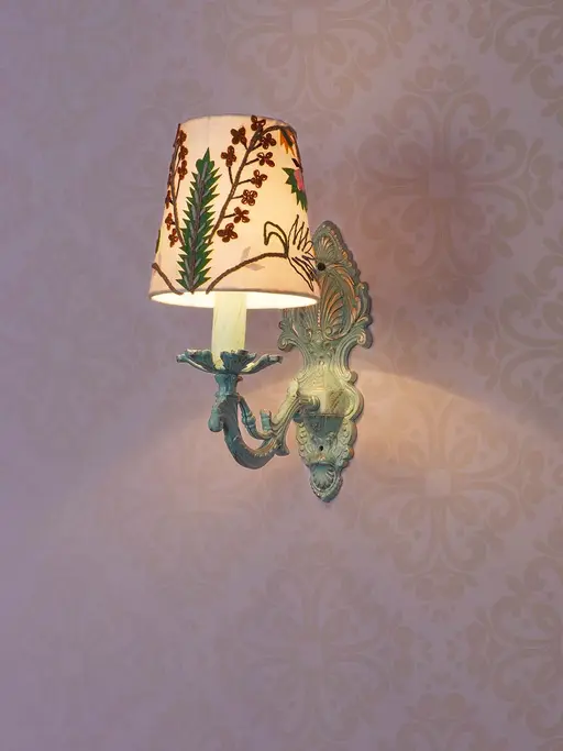 Distressed Green Cast Aluminium Small Wall Sconce with Floral Embroidery White Fabric Shade