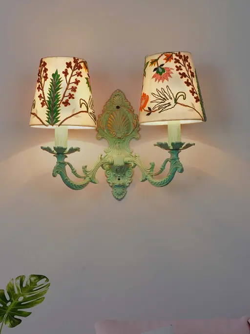 Distressed Green Cast Aluminium Small 2 Lights Wall Sconce with Floral Embroidery White Fabric Shades