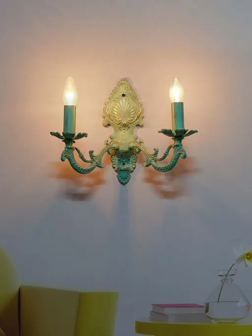 Distressed Green Cast Aluminium 2 Light Candelabra Wall Sconce