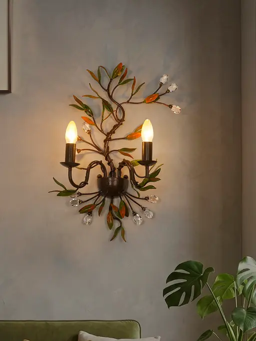 21-Inch Botanical Hand-Painted Branch Wall Sconce | Rustic 2-Light Vine Fixture with Autumnal Leaves and Crystals