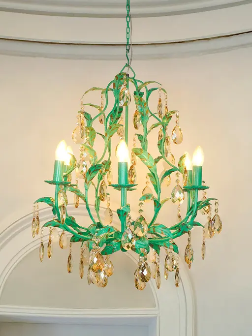 Botanical Hand-Painted Green Leaf Chandelier | 6-Light Candelabra with Honey Crystal Accents