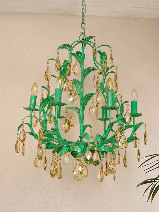 Botanical Hand-Painted Green Leaf Chandelier | 6-Light Candelabra with Honey Crystal Accents