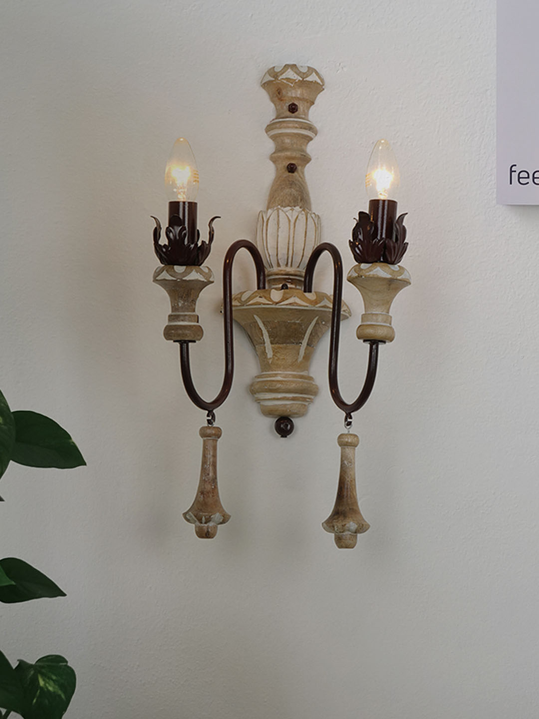 French Rustic Brown 22 Inch Wooden & Iron Dual Candlelight Wall Lamp