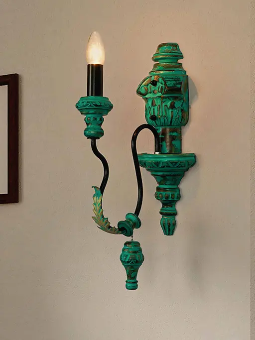 Emerald Green Distressed Wooden Single Light Candelabra Wall Lamp