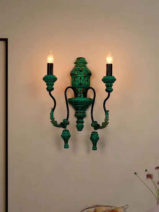 Emerald Green Distressed Wooden 2-Light Candelabra Wall Lamp