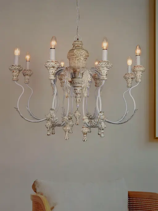 French Country Charm: Carved Distressed White Wood Chandelier