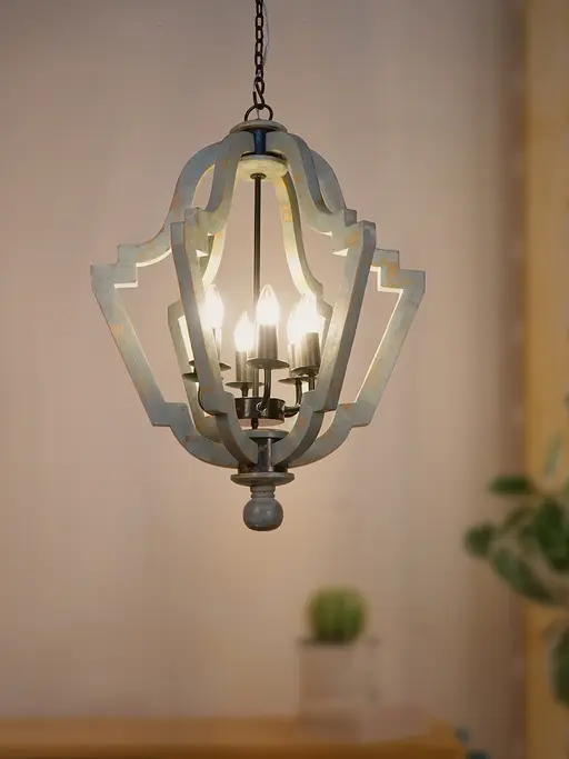 Distressed Grey 6 Light Wooden Farmhouse Lantern Pendant Chandelier