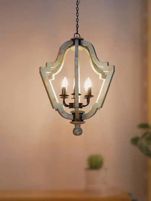 Distressed Grey 6 Light Wooden Farmhouse Lantern Pendant Chandelier