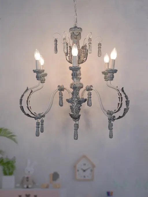 Provincial Style Distressed Grey Wood and Wrought Iron 6 Light Chandelier